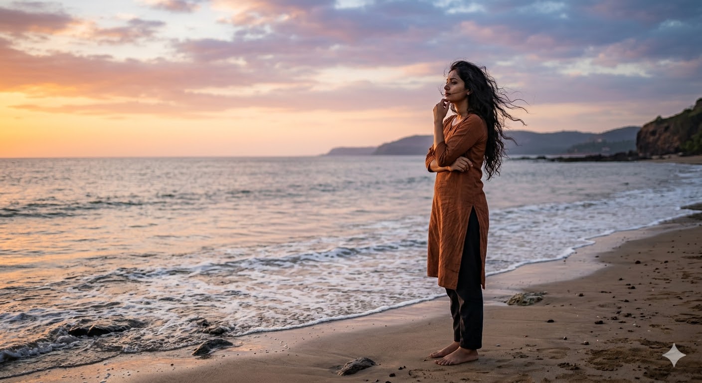 समुद्र किनारे अकेला पथिक दूर क्षितिज की ओर देखता हुआ