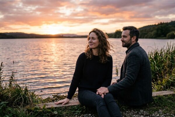 दो लोग शांत वातावरण में साथ बैठे हुए, गहरे भावनात्मक जुड़ाव और मौन प्रेम को दर्शाते हुए”