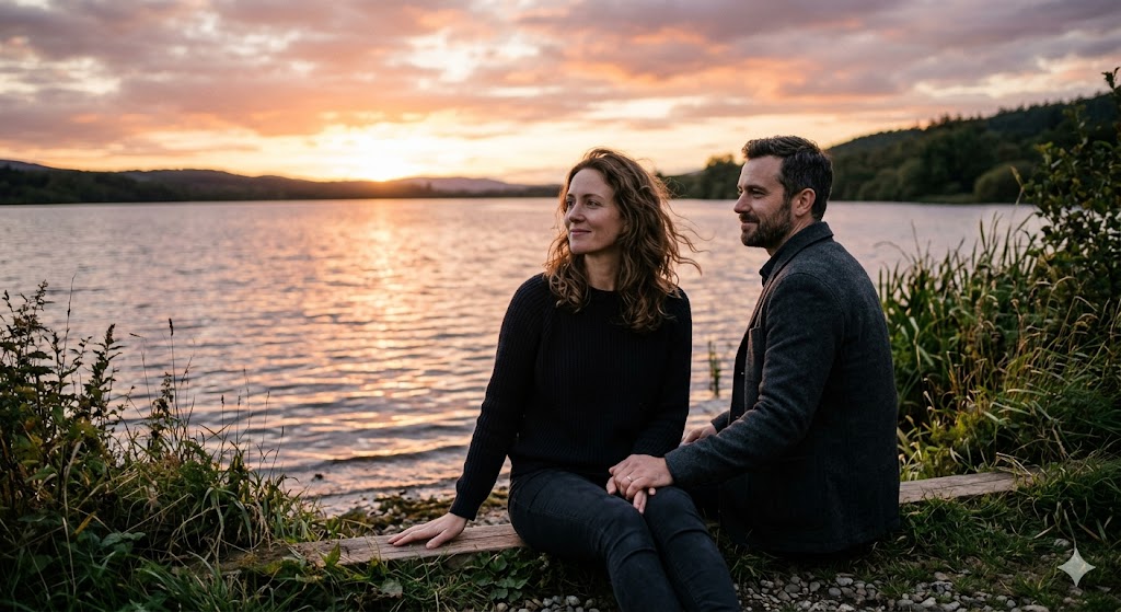 दो लोग शांत वातावरण में साथ बैठे हुए, गहरे भावनात्मक जुड़ाव और मौन प्रेम को दर्शाते हुए”