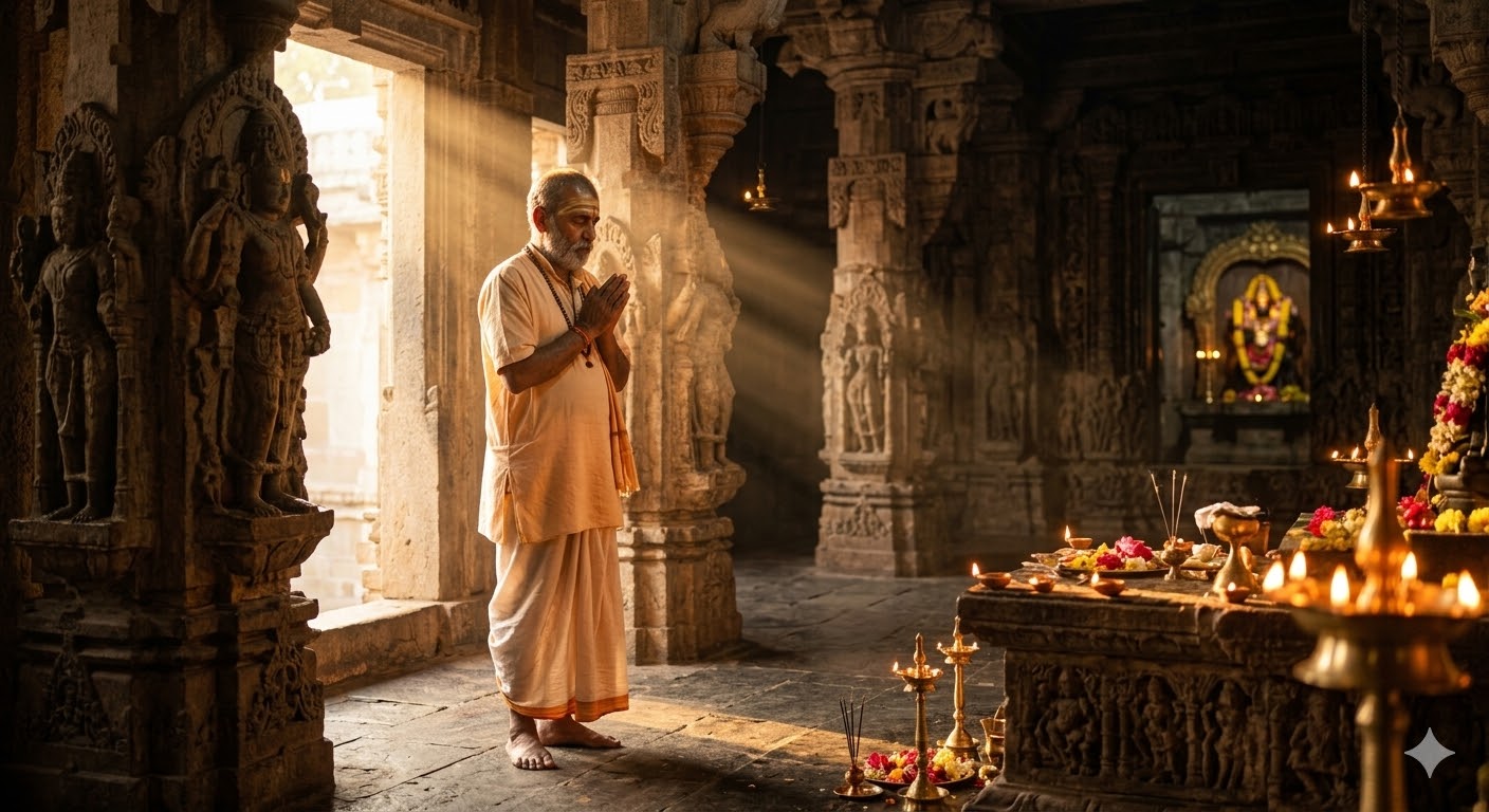 मंदिर में हाथ जोड़कर प्रार्थना करता भक्त, पीछे जलते दीपक और दिव्य प्रकाश