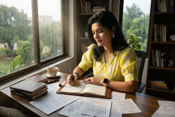 महिला खिड़की के पास बैठकर कविता लिखते हुए, भावनात्मक और रचनात्मक माहौल