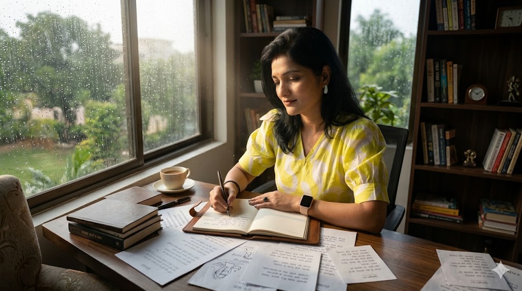 महिला खिड़की के पास बैठकर कविता लिखते हुए, भावनात्मक और रचनात्मक माहौल