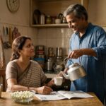 A loving Indian couple sharing simple moments like morning tea, emotional bonding and respect, symbolizing true love and care