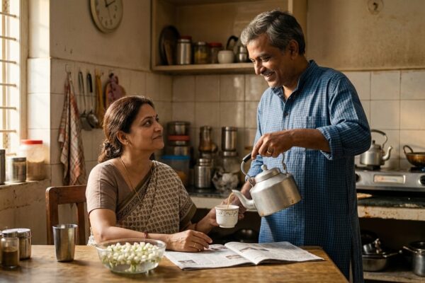 A loving Indian couple sharing simple moments like morning tea, emotional bonding and respect, symbolizing true love and care