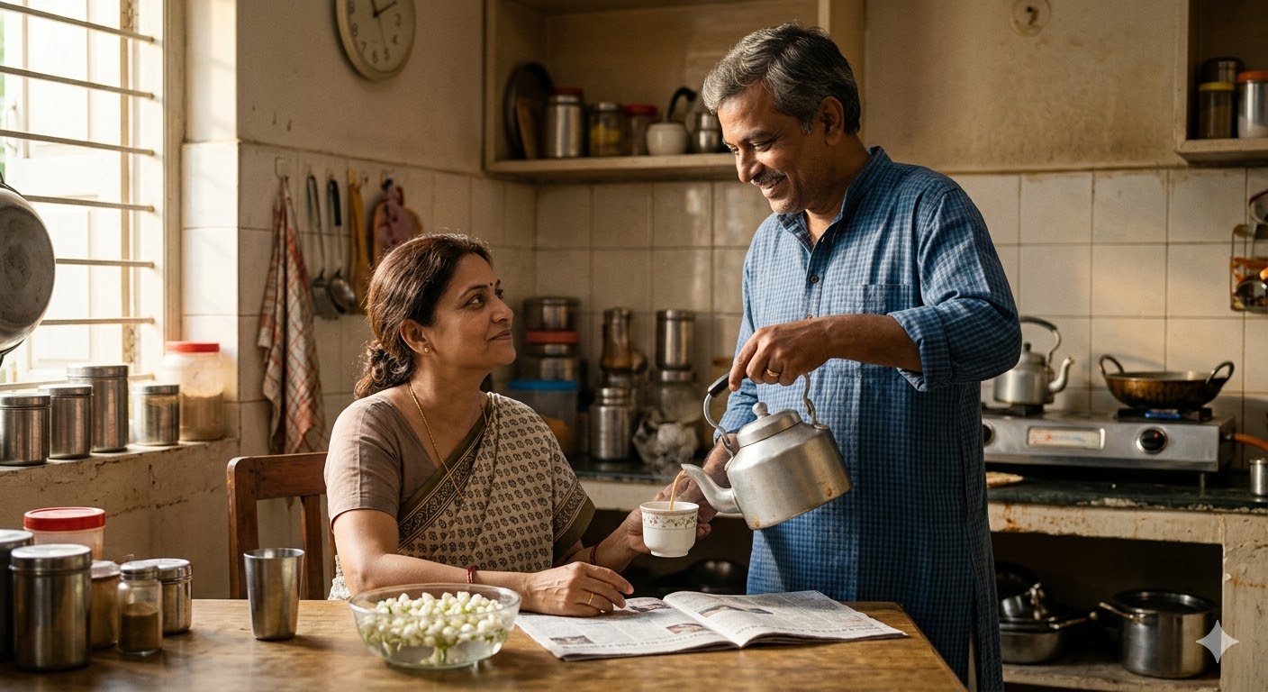 A loving Indian couple sharing simple moments like morning tea, emotional bonding and respect, symbolizing true love and care