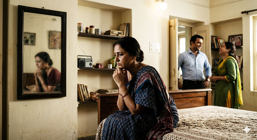 “उदास महिला आईने में खुद को देखती हुई, रिश्तों की टूटन को दर्शाता दृश्य”