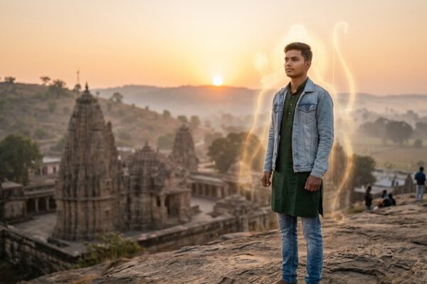 सूर्योदय के समय खड़ा एक व्यक्ति, जिसके पीछे राम का प्रतीकात्मक प्रकाश आभामंडल, आंतरिक जागृति और आध्यात्मिक ऊर्जा को दर्शाता हुआ दृश्य