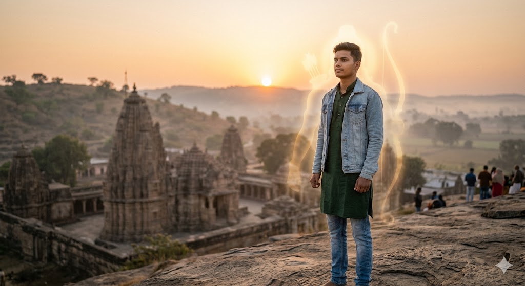 सूर्योदय के समय खड़ा एक व्यक्ति, जिसके पीछे राम का प्रतीकात्मक प्रकाश आभामंडल, आंतरिक जागृति और आध्यात्मिक ऊर्जा को दर्शाता हुआ दृश्य