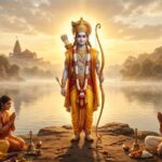 भगवान राम का शांत और दिव्य रूप, धनुष-बाण के साथ, चारों ओर प्रकाशमय आभा और आध्यात्मिक वातावरण