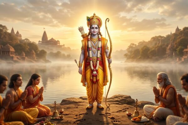 भगवान राम का शांत और दिव्य रूप, धनुष-बाण के साथ, चारों ओर प्रकाशमय आभा और आध्यात्मिक वातावरण