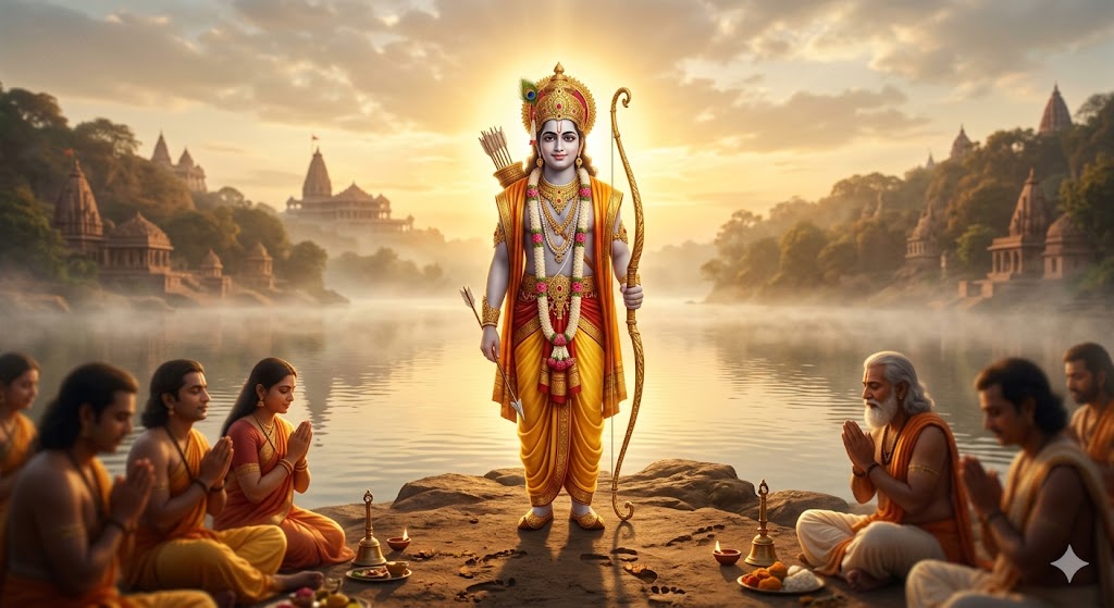 भगवान राम का शांत और दिव्य रूप, धनुष-बाण के साथ, चारों ओर प्रकाशमय आभा और आध्यात्मिक वातावरण