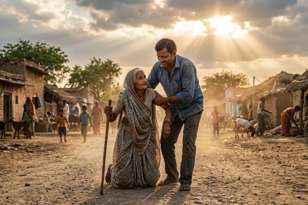 निर्बल व्यक्ति को सहारा देता हुआ इंसान, मानवता और करुणा का प्रतीक दृश्य