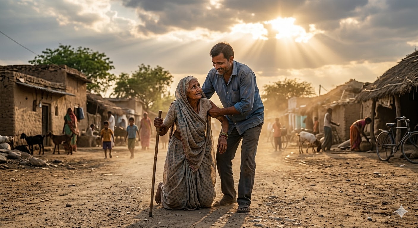 निर्बल व्यक्ति को सहारा देता हुआ इंसान, मानवता और करुणा का प्रतीक दृश्य