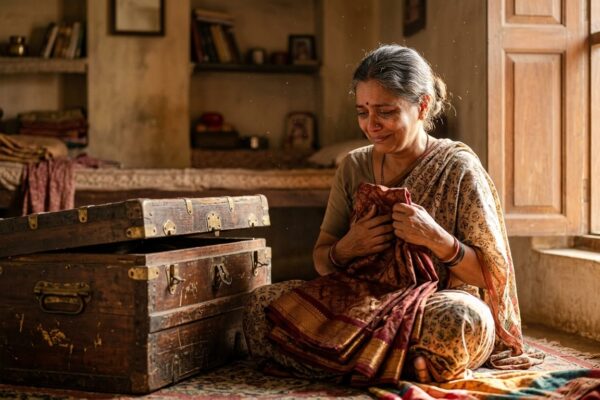 पुराने लकड़ी के संदूक में रखी बचपन की यादें, माँ की साड़ियाँ और भावनात्मक माहौल