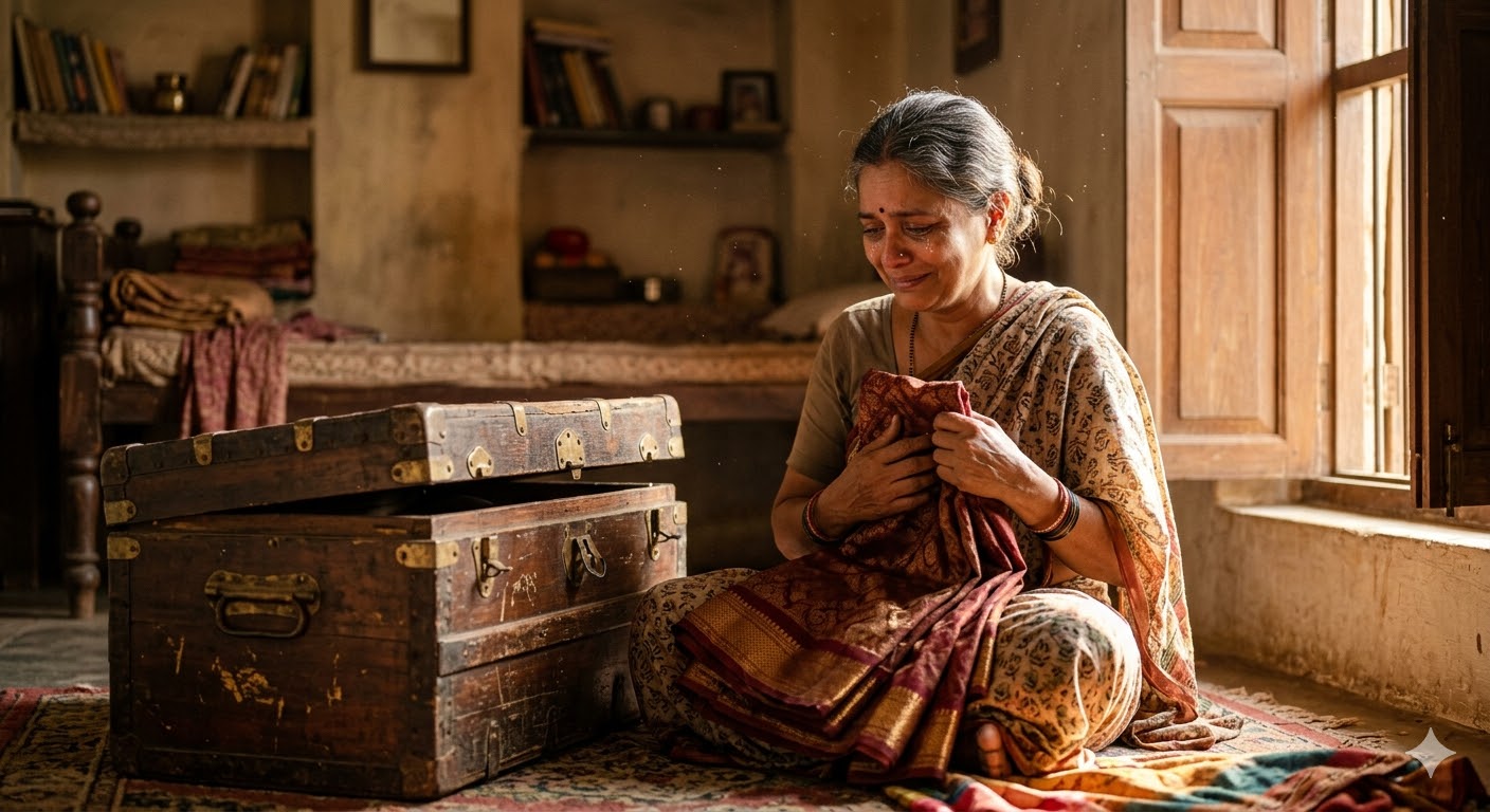 पुराने लकड़ी के संदूक में रखी बचपन की यादें, माँ की साड़ियाँ और भावनात्मक माहौल