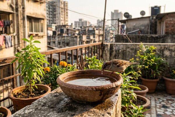 छोटी गौरैया चिड़िया तिनका लेकर घोंसला बनाती हुई