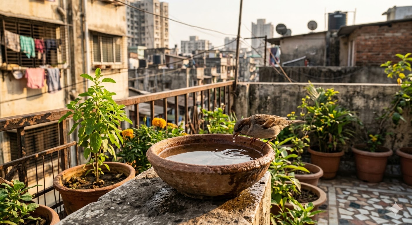 छोटी गौरैया चिड़िया तिनका लेकर घोंसला बनाती हुई