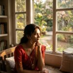 खिड़की के पास बैठा एक व्यक्ति गहरे विचारों में, आत्मचिंतन का प्रतीक