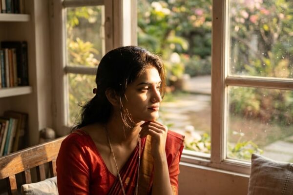 खिड़की के पास बैठा एक व्यक्ति गहरे विचारों में, आत्मचिंतन का प्रतीक