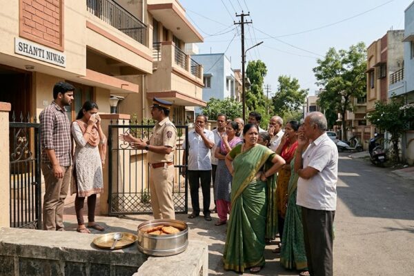 “मोहल्ले में पुलिस के आने पर इकट्ठा भीड़ और हैरान पड़ोसी, हास्यपूर्ण स्थिति”