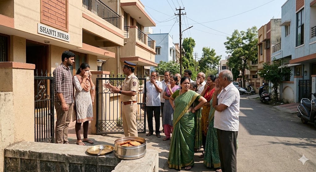 “मोहल्ले में पुलिस के आने पर इकट्ठा भीड़ और हैरान पड़ोसी, हास्यपूर्ण स्थिति”