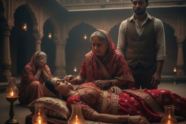 एक पारंपरिक भारतीय आंगन में सफेद वस्त्रों में सजी एक स्त्री का अंतिम श्रृंगार, पास खड़ा शोकाकुल पति, धुंधली रोशनी और गंभीर वातावरण।
