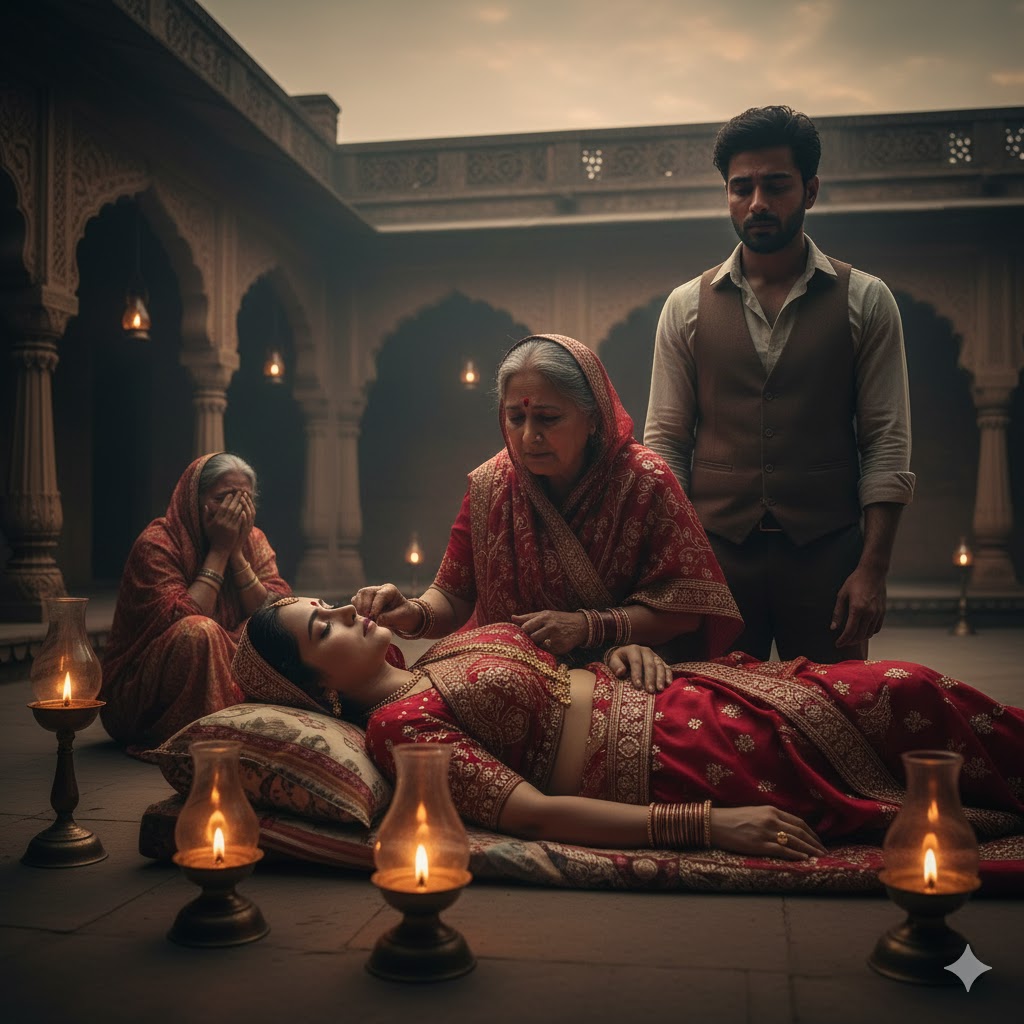 एक पारंपरिक भारतीय आंगन में सफेद वस्त्रों में सजी एक स्त्री का अंतिम श्रृंगार, पास खड़ा शोकाकुल पति, धुंधली रोशनी और गंभीर वातावरण।