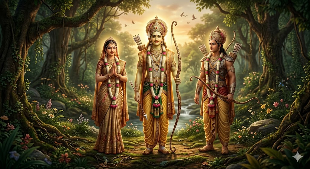 श्रीराम भक्ति कविता दर्शाता हुआ दिव्य और शांत भाव का दृश्य