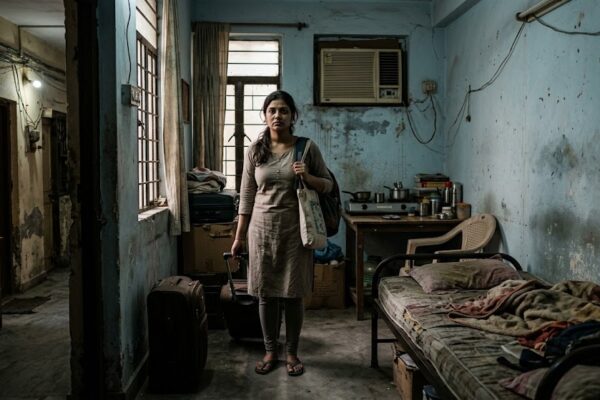 छोटे किराए के कमरे में खड़ी एक युवती, टूटी-फूटी व्यवस्था के बीच अपने नए जीवन की शुरुआत करती हुई