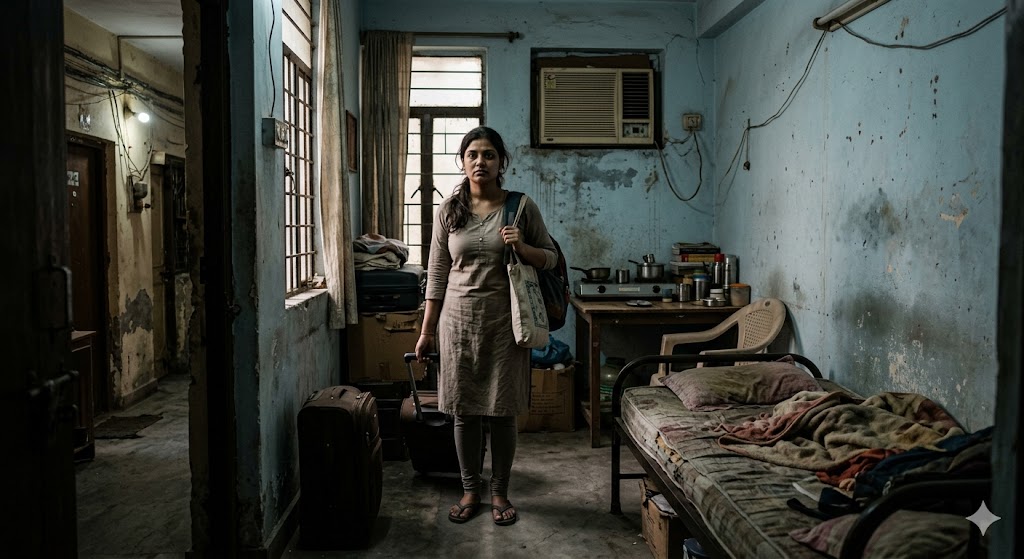 छोटे किराए के कमरे में खड़ी एक युवती, टूटी-फूटी व्यवस्था के बीच अपने नए जीवन की शुरुआत करती हुई