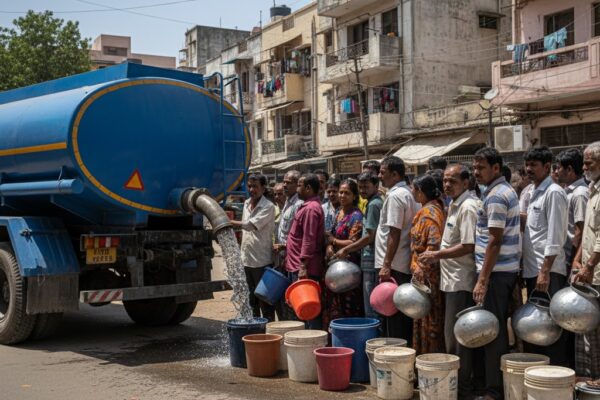 नगर निगम का टैंकर पानी भरते हुए