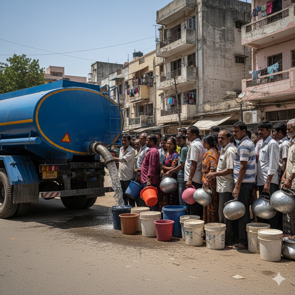 नगर निगम का टैंकर पानी भरते हुए