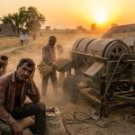 खेत में थ्रेसर मशीन के साथ काम करते थके हुए मजदूर, जोखिम भरा माहौल