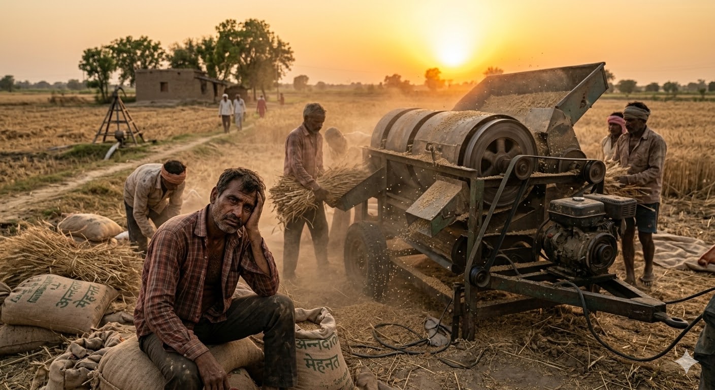 खेत में थ्रेसर मशीन के साथ काम करते थके हुए मजदूर, जोखिम भरा माहौल