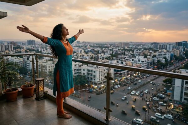 “बालकनी में खड़ी स्वतंत्रता तलाशती महिला”