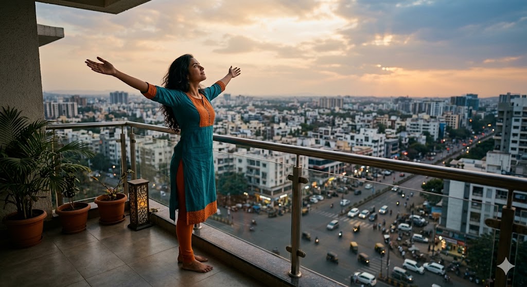 “बालकनी में खड़ी स्वतंत्रता तलाशती महिला”