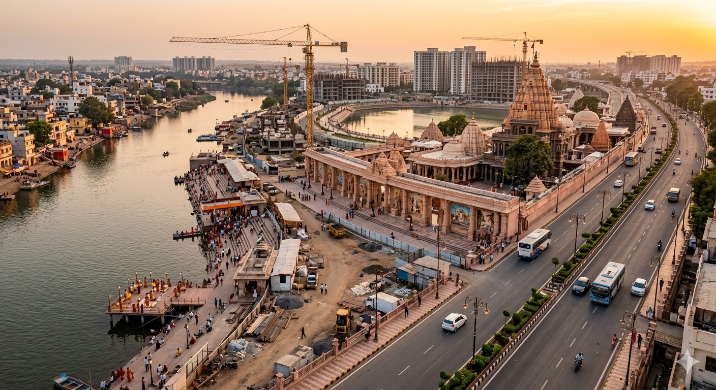 उज्जैन में महाकाल मंदिर क्षेत्र और चल रहे विकास कार्यों का आधुनिक दृश्य