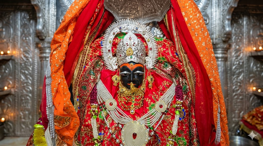 माँ विंध्यवासिनी की सुंदर प्रतिमा, लाल चुनरी और स्वर्ण आभूषणों से सजी हुई, नवरात्रि पूजा का दृश्य