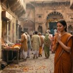 “वृंदावन में बाँके बिहारी मंदिर के बाहर श्रद्धालुओं की भीड़ और आध्यात्मिक वातावरण”