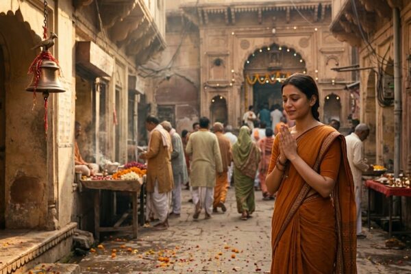 “वृंदावन में बाँके बिहारी मंदिर के बाहर श्रद्धालुओं की भीड़ और आध्यात्मिक वातावरण”