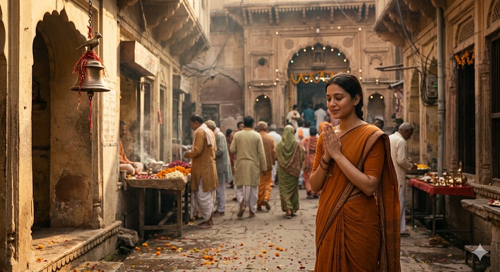 “वृंदावन में बाँके बिहारी मंदिर के बाहर श्रद्धालुओं की भीड़ और आध्यात्मिक वातावरण”