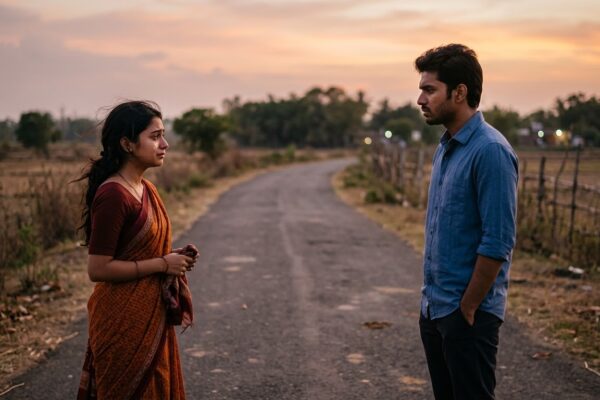 दूरी में खड़े एक जोड़े का भावुक दृश्य, जो अनकहे रिश्ते और गहरी भावनाओं को दर्शाता है