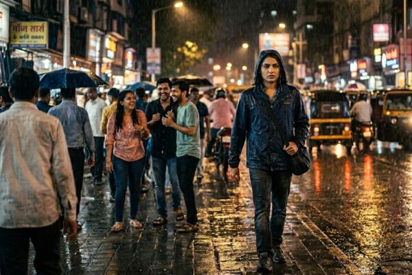 आत्मविश्वास से खड़ा व्यक्ति, चुनौतियों के बीच सफलता की ओर बढ़ता हुआ