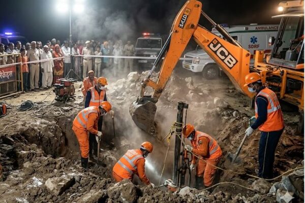 Rescue team working to save a child trapped in a borewell in Ujjain while a distressed mother waits nearby