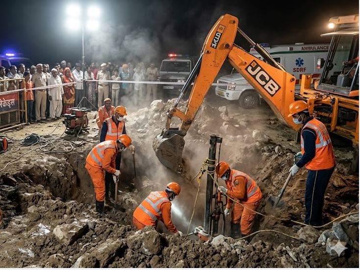 Rescue team working to save a child trapped in a borewell in Ujjain while a distressed mother waits nearby
