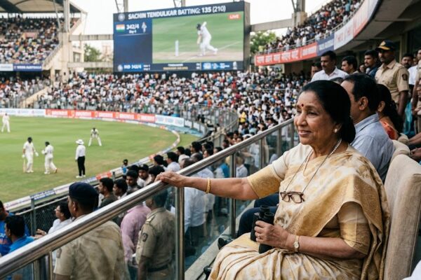 Asha Bhosle क्रिकेट स्टेडियम में बैठकर मैच देखते हुए, पृष्ठभूमि में Sachin Tendulkar बल्लेबाजी करते हुए दिखाई दे रहे हैं.