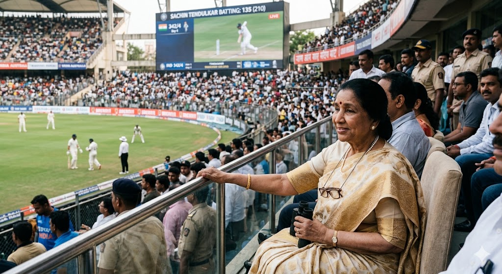 Asha Bhosle क्रिकेट स्टेडियम में बैठकर मैच देखते हुए, पृष्ठभूमि में Sachin Tendulkar बल्लेबाजी करते हुए दिखाई दे रहे हैं.
