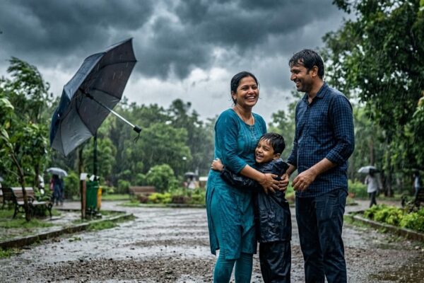 बारिश भरे पार्क में तेज हवा से उड़ती छतरी के बीच मुस्कुराते दो पुराने प्रेमी, पास खेलता बच्चा और भावनाओं से भरा दृश्य।