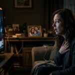 एक महिला रात में टीवी देखते हुए अतीत की यादों में खोई हुई है, उसके चेहरे पर हैरानी और भावनात्मक तनाव साफ दिखाई दे रहा है।