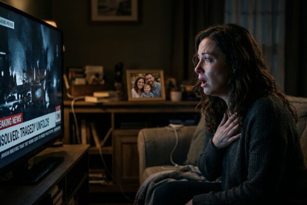 एक महिला रात में टीवी देखते हुए अतीत की यादों में खोई हुई है, उसके चेहरे पर हैरानी और भावनात्मक तनाव साफ दिखाई दे रहा है।